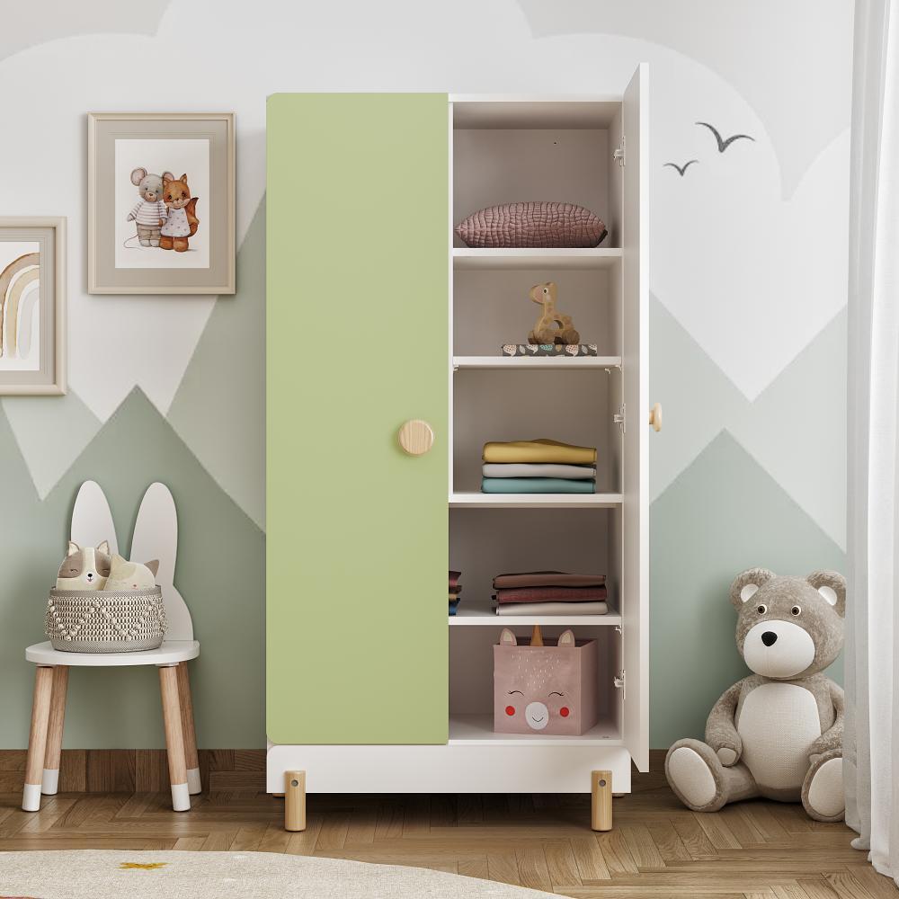 Wakefit Attractive Green & White Kids Wardrobe, 2 Door Modern Design with Ample Storage