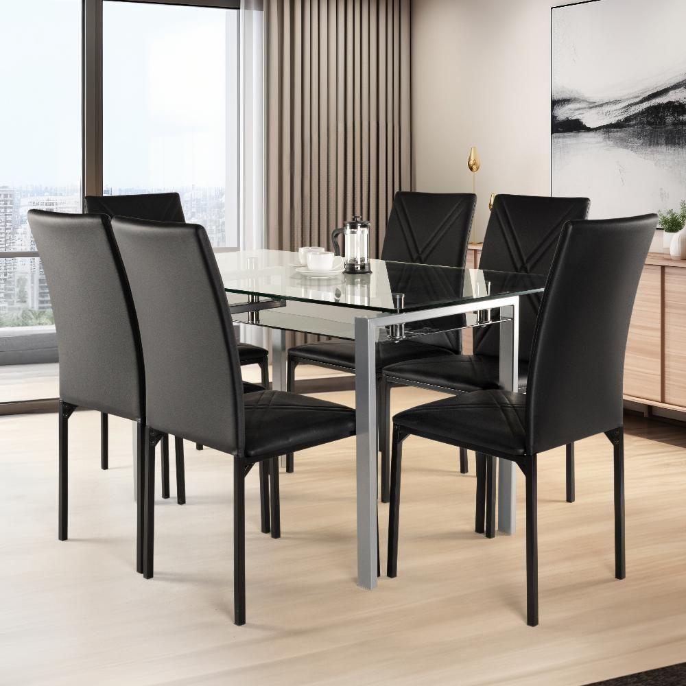 Wakefit Modern Stylish 7-Piece Dining Set - Glossy Black Glass Table & 6 Leather Chairs