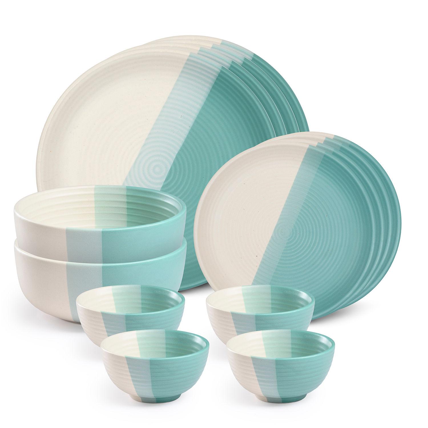 Wakefit Eco-Friendly 14-Piece Dinner Set, Striped Turquoise & White, Stylish Tableware