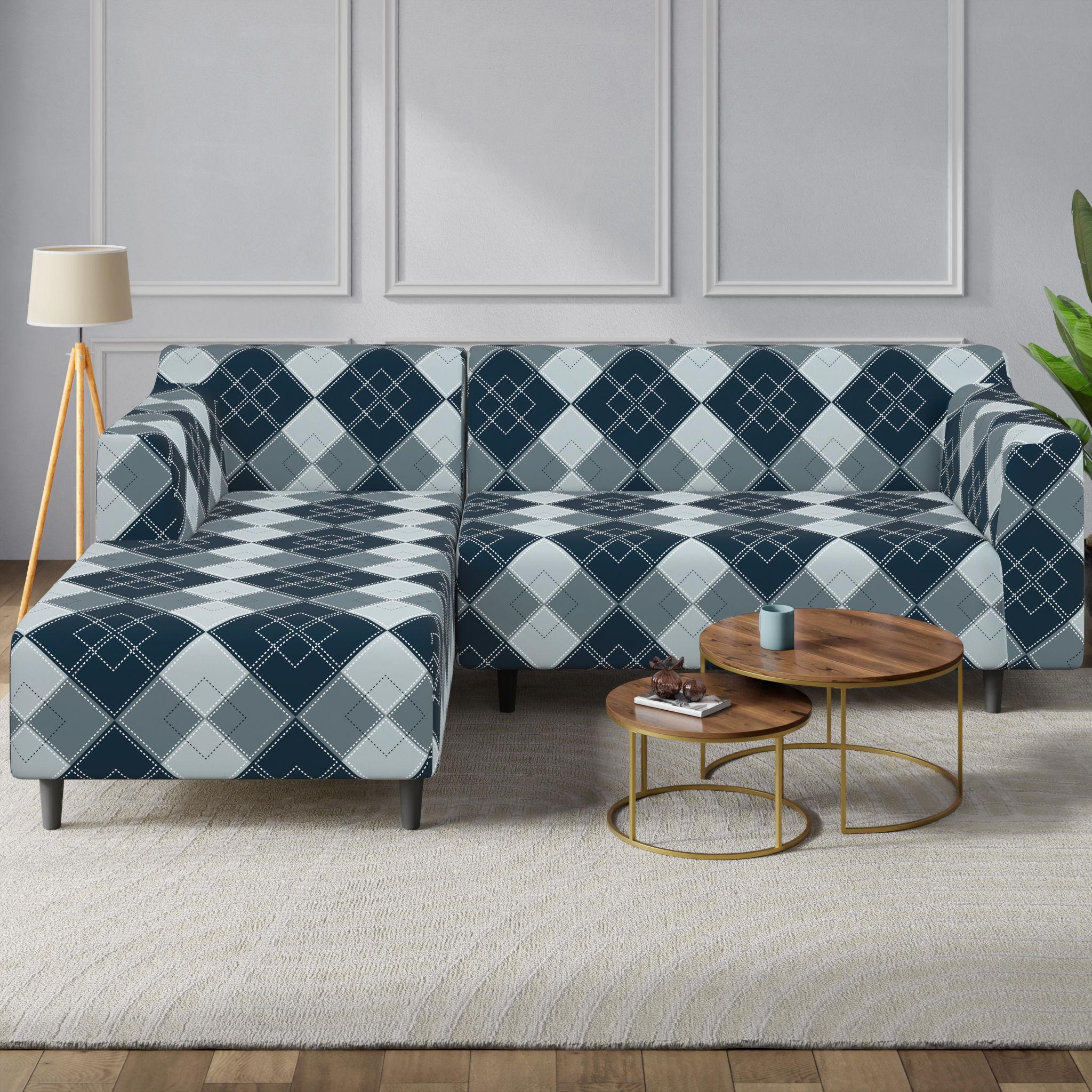 Wakefit Stretchable Navy and Light Gray Checkered Sofa Cover - Perfect for L-Shaped Sofashurricane candle stand|photo frame craft|curtains printed