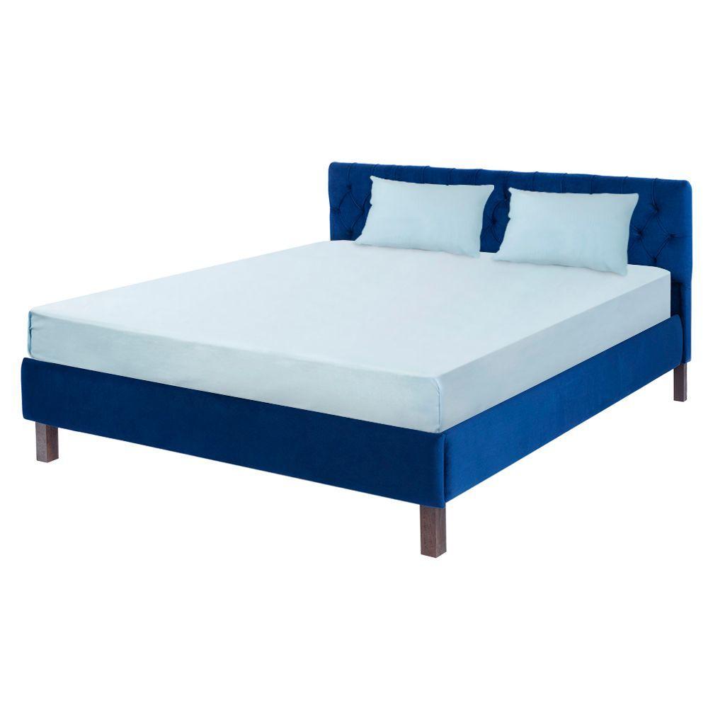 Wakefit Solid Wood Upholstered Bed| Queen Size bed Velvet Blue without storage| 78 inch x 60 inch