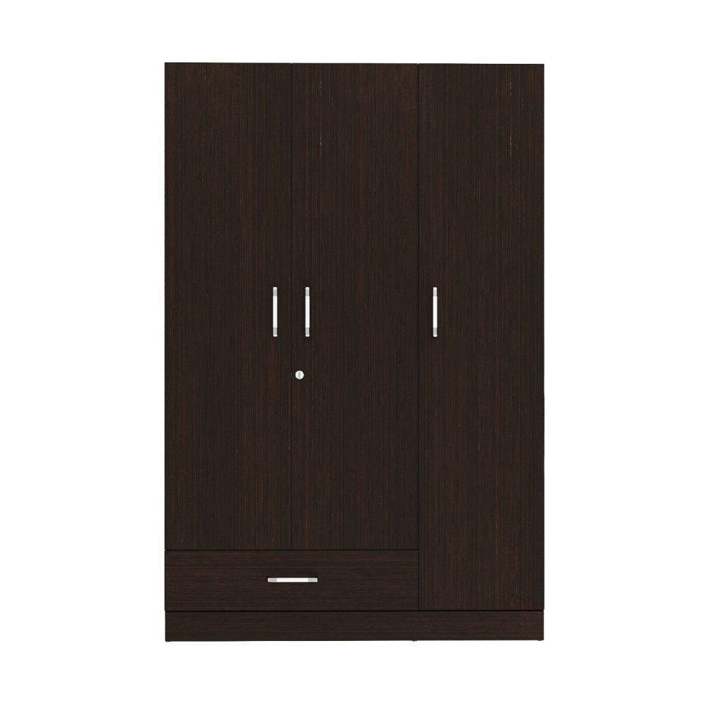 Wakefit Gingham Three Door Wardrobe with Drawer | 1 Hanging Space | Wenge Color