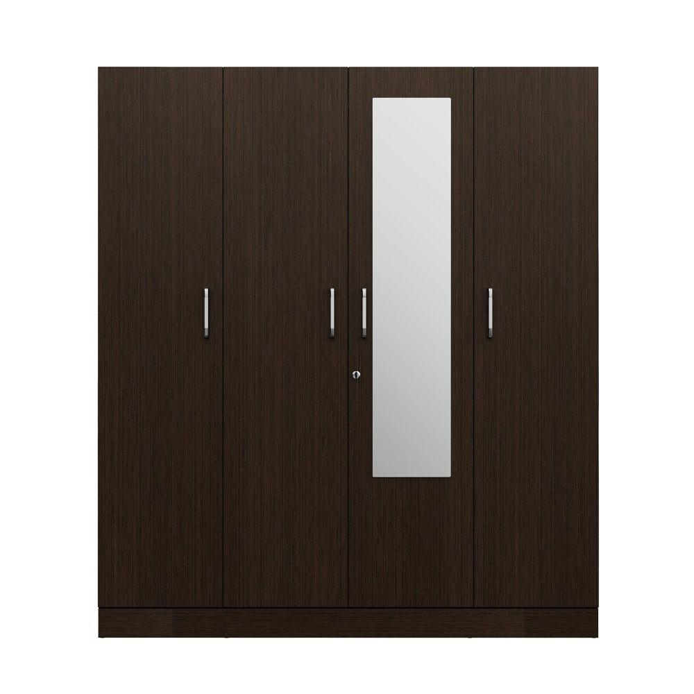 Wakefit Gingham Four Door Wardrobe with Drawer | 1 Hanging Space | Wenge Color