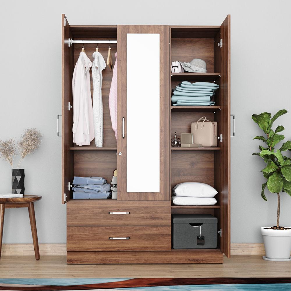 Wakefit Organza Three Door Wardrobe with Drawer | 1 Hanging Space | Columbia Walnut Color