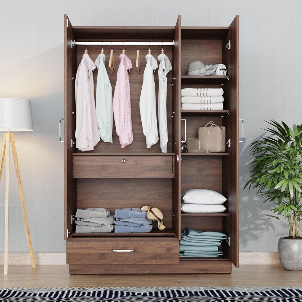 Wakefit Gingham Three Door Wardrobe with Drawer | 1 Hanging Space | Columbia Walnut Color