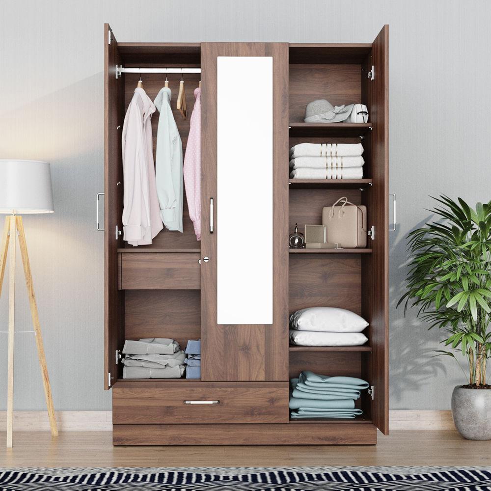 Wakefit Gingham Three Door Wardrobe with Drawer | 1 Hanging Space | Columbia Walnut Color