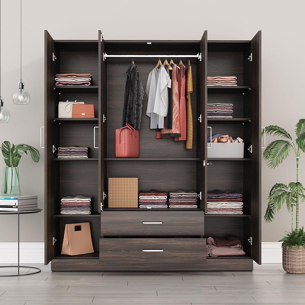 Wakefit Organza Plus 4 Door Wardrobe with Drawer | 1 Hanging Space | Dark Brown Color